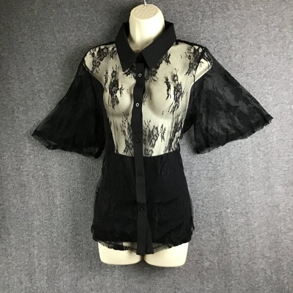 Black Button Up Delicate Lace Flutter Sleeve Shirt Sz L - Picture 1 of 9